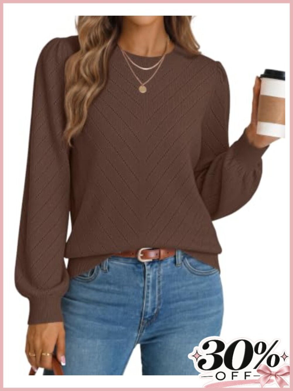 Women's Fall Lightweight Pointelle Sweater Balloon Sleeve Pullover